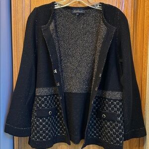 Luisa Spagnoli Luxury Black and Gold Glitter Wool Cashmere Blend Cardigan Size L